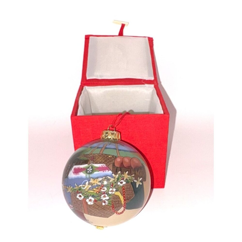 Hand-Painted Inside Reverse Glass Ornament Tropical Landscape Red Storage Box